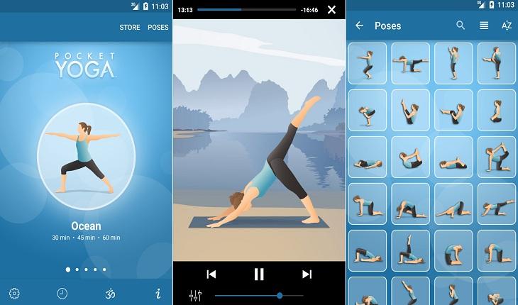 print de três telas de um smartphone android com imagens do aplicativo pocket yoga aplicativos fitness