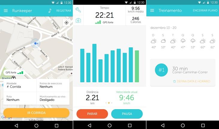 print de três telas de um smartphone android com imagens do aplicativo runkeeper gps aplicativos fitness