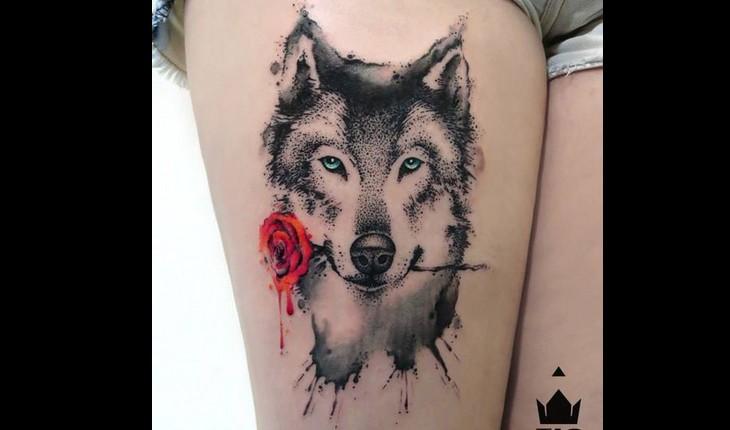 tatuagem de lobo de pontilhismo