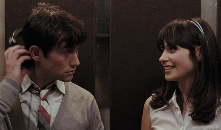 casal sorrindo no elevador em cena de filme romântico