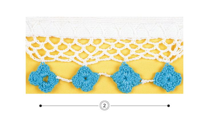 Na foto há um barradinho em crochê branco com flores azuis