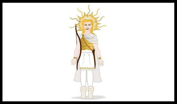 Deus Balder com raios de sol atrás da cabeça e roupa branca e amarela