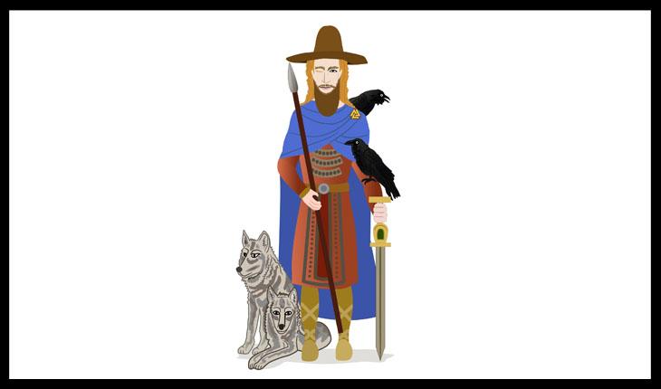 Odin com roupa azul e vermelha segurando uma lança e com dois corvos sentados em seu braço e dois cachorros ao chão