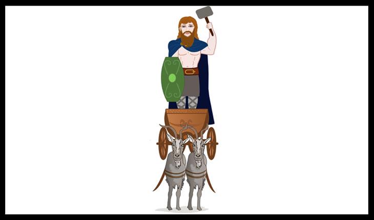 Deus Thor segurando o martelo com a mão esquerda e o escudo com a direita em cima de uma charrete guiada por dois animais