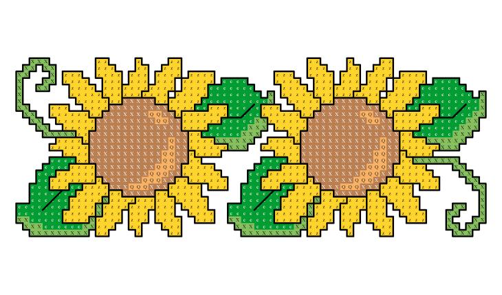 A foto é um gráfico em ponto cruz de dois girassóis com flores amarelas contornadas em preto e co miolo em marrom-claro com sombreado em bege. As folhas são verdes.