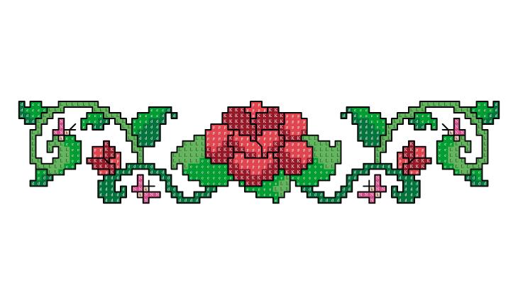 A foto é um gráfico em ponto cruz de uma rosa vermelha e seus ramos com pequenas flores também vermelhas, formando um barradinho