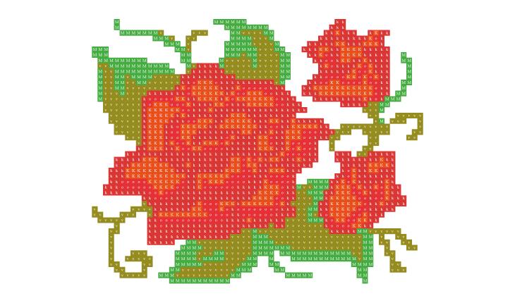 A foto é um gráfico em ponto cruz de 3 flores vermelhas com suas folhas em verde, com tons claros e escuros, formando a sombra do desenho com os constrastes