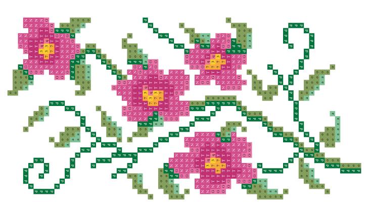 A foto é um gráfico em ponto cruz de flores rosas com sombreado em rosa-escuro, miolo amarelo e ramos e folhas em verde.