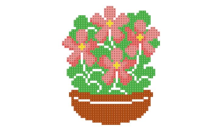 A foto é um gráfico em ponto cruz de um vasinho com flores rosas e folhas verdes. O vasinho é redondo e marrom.