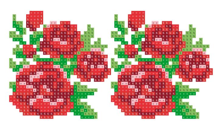 A foto é um gráfico em ponto cruz de rosas vermelhas com folhas verdes. Há 6 flores vermelhas maiores e 4 menores.