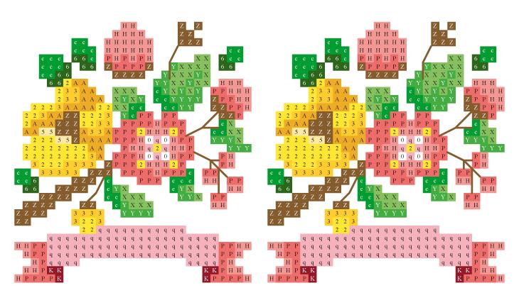 A foto é um gráfico em ponto cruz de flores nas cores amarela e rosa com suas folhas verdes e pequenas flores com a mesma cor das flores grande.s Na parte debaixo há uma faixa rosa.