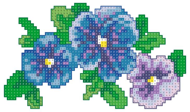 A foto é um gráfico em ponto cruz de flores azuis com sombreado em azul-claro e roxo e com as folhas em verde