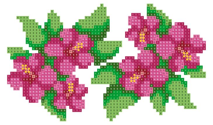 A foto é um gráfico em ponto cruz de flores em tons rosa e com sombreado em rosa-escuro. Tem folhas verdes com sombreado em verde-claro.
