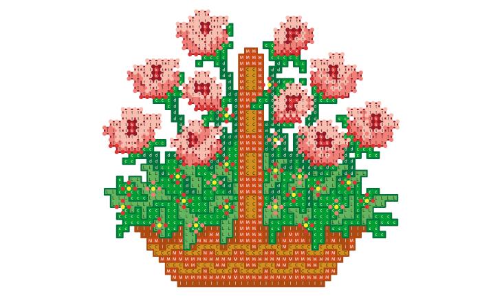 A foto é um gráfico em ponto cruz de um cesto com flores rosas que têm sombreado em rosa escuro. As folhas são verdes e estão entre as flores e os cestos. O cesto tem cor marrom-claro com detalhes em bege.