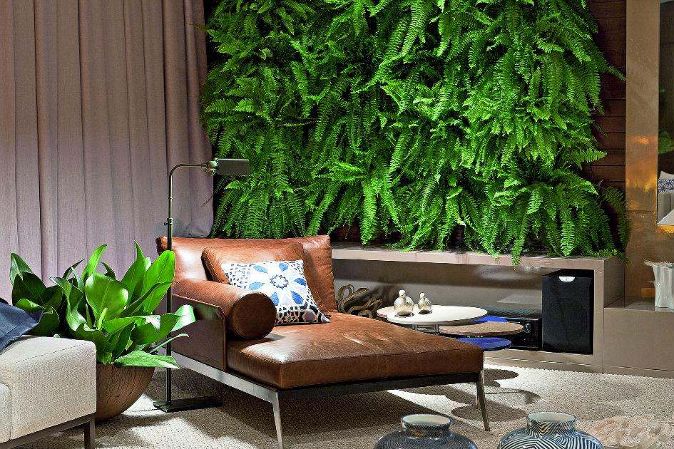 Sala com sofá de couro e plantas verdes no fundo
