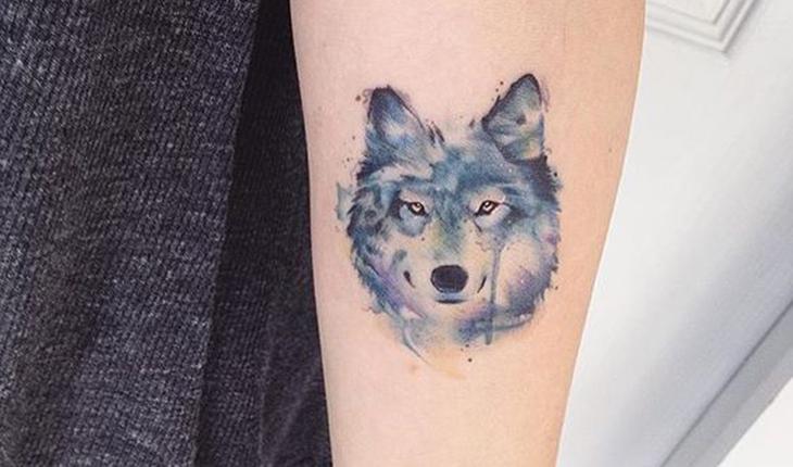 tatuagem do rosto de lobo feioto em aquarela em tons de azul