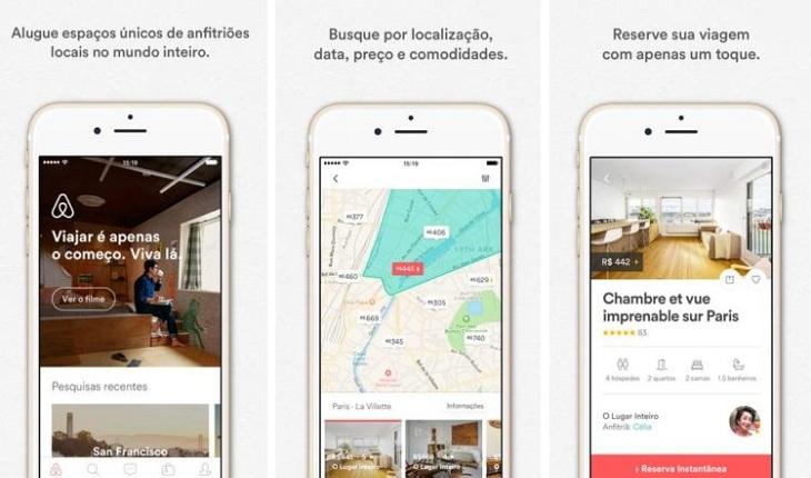 print de três telas de um smarpthone apple com imagens do aplicativo airbnb