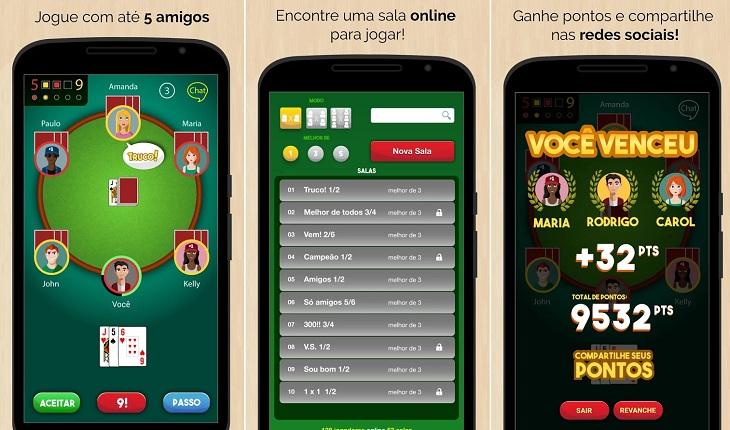 print de três telas de um smartphone android com imagens do aplicativo smart truco aplicativos de jogos