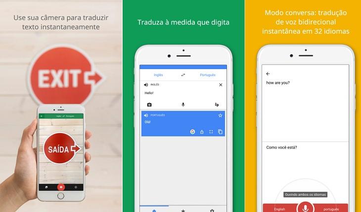 print de três telas de um smartphone apple com imagens do aplicativo google tradutor