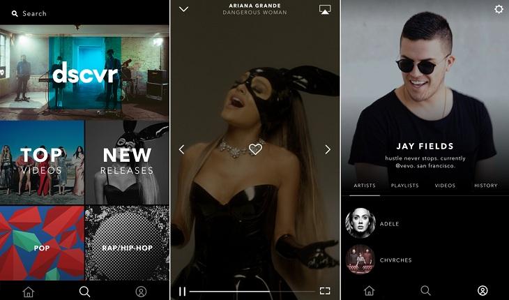 print de três telas de um smartphone apple com imagens do aplicativo VEVO aplicativos para ouvir músicas