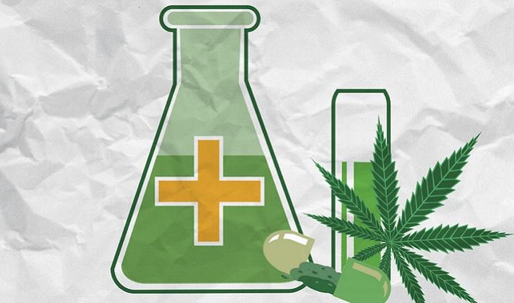 A imagem mostra uma ilustração de remédios a base de cannabis, tanto em solução quanto em cápsula para o uso medicinal da maconha.