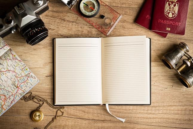 Roteiro: imagem de uma mesa com um diário, câmera, passaportes, bússola, mapa e um binóculos