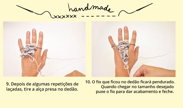 cachecol de dedo, mãos fazendo tricô de dedo com lã cinza