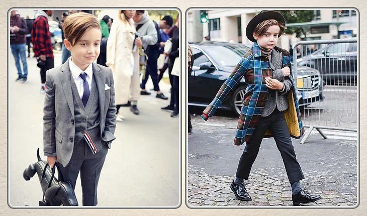 Na imagem há duas fotos de um menino. Na primeira ele está de terno. Na segunda ele está com cobreposições de roupas.