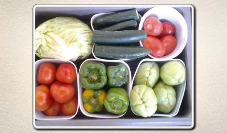 Na imagem há um gaveteiro de geladeira com potes brancos dentro dividindo os legumes