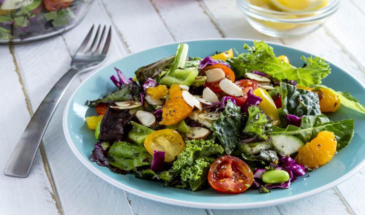 Saladas de legumes e verduras, alface, espinafre, tomates, anti-barriga