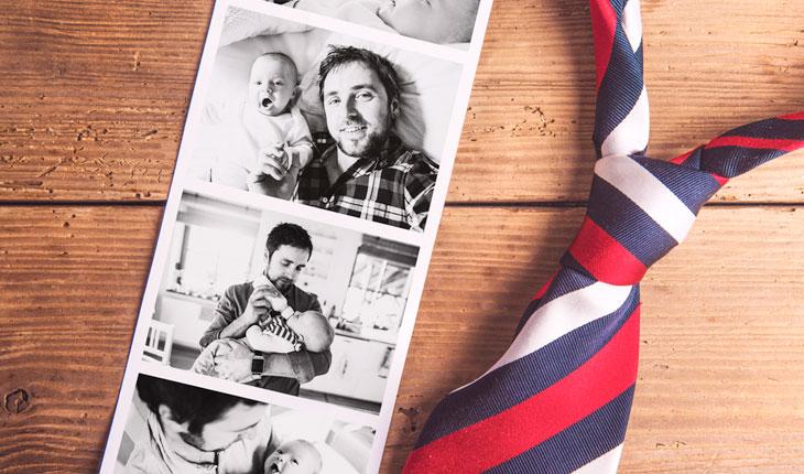 foto de uma tira com fotos de uma homem com um bebê e uma gravata