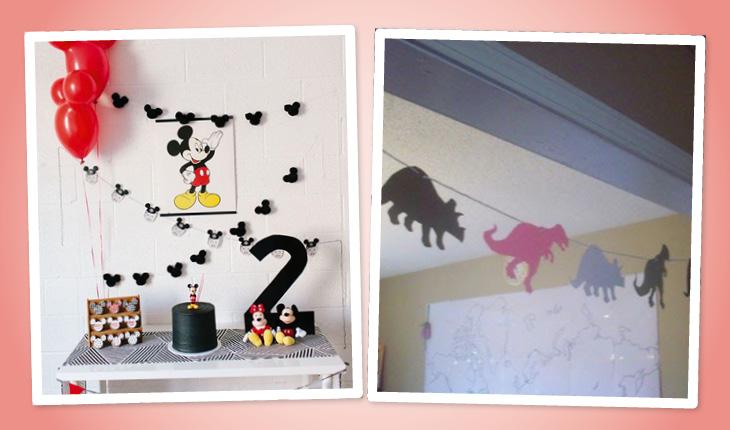 Na imagem há duas fotos de ideias de decoração de festa infantil e o fundo da imagem é rosa-claro. Na primeira foto há uma mesa do bolo branca com o fundo feito com corações preto e uma imagem do Mickey. A segunda foto mostra um cordão com dinossauros pendurados.