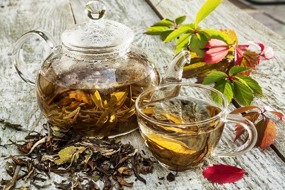 Foto com jarra e xícara de chá com folhas secas