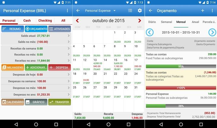 print de três telas de um smarpthone android com imagend do aplicativo de finanças Expense Manager
