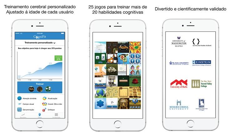 print de três telas de um smartphone apple com imagens do aplicativo cognifit treinamento cerebral