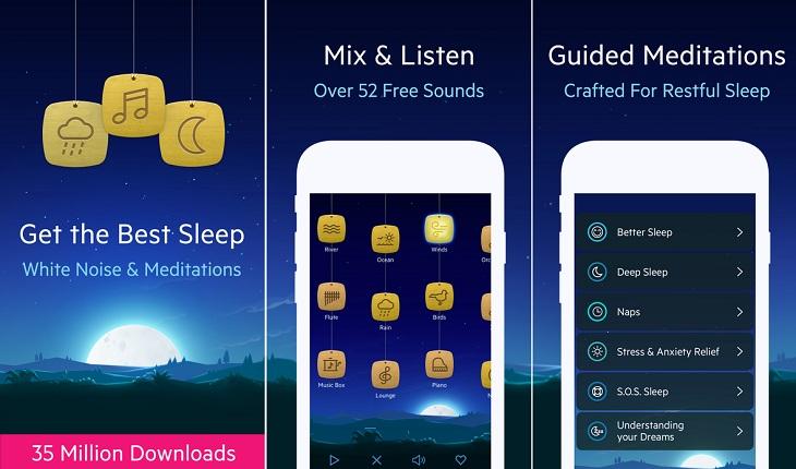 print de três telas de um smartphone apple com imagens do aplicativo relax melodies