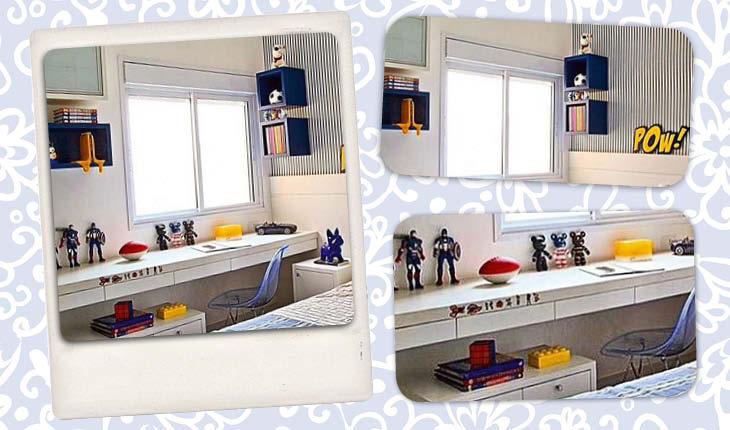 Na imagem há 3 fotos de um mesmo quarto. A primeira foto mostra a cama e a mesa brancas e com decoração em amarela e azul-marinho. Há nichos azuis em cima da mesa. As outras fotos focam na cortinha da janela e nos brinquedos em cima da mesa.