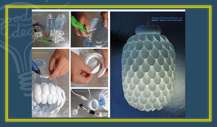 Na foto há uma luminária feita com garrafas de plástico e colherzinhas descartáveis.