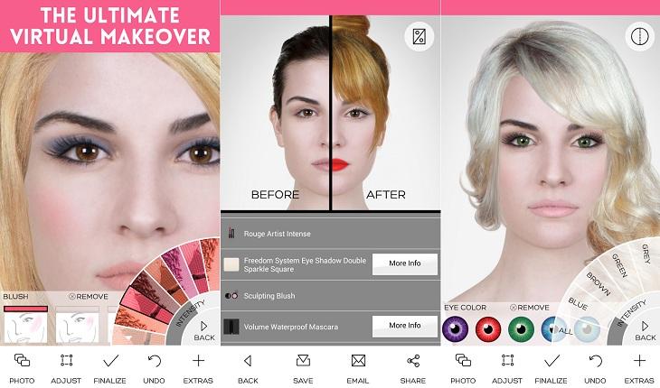 print de três telas de um smarpthone android com imagens do aplicativo modiface makeup