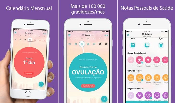 print de três telas de um smarpthone apple com imagens do aplicativo Flo calendario menstrual