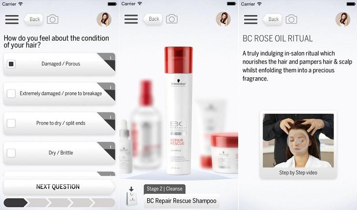 print de três telas de um smartphone apple com imagens do aplicativo Hair Expert by Schwarzkopf Professional