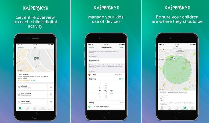 print de três telas de um smartphone apple com imagens do aplicativo Kaspersky Safe Kids Parental Control