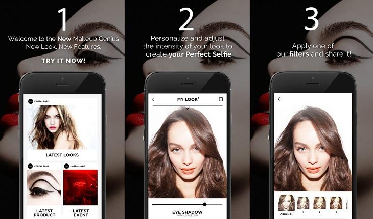 print de três telas de um smartphone apple com imagens do aplicativo Makeup Genius