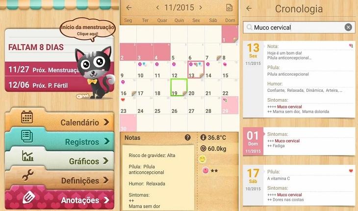 print de três telas de um smartphone apple com imagens do aplicativo meu calendario menstrual