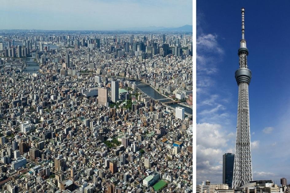 Imagem da torre da Tokyo Sky Tree e a vista da cidade de Tóquio de cima dela.