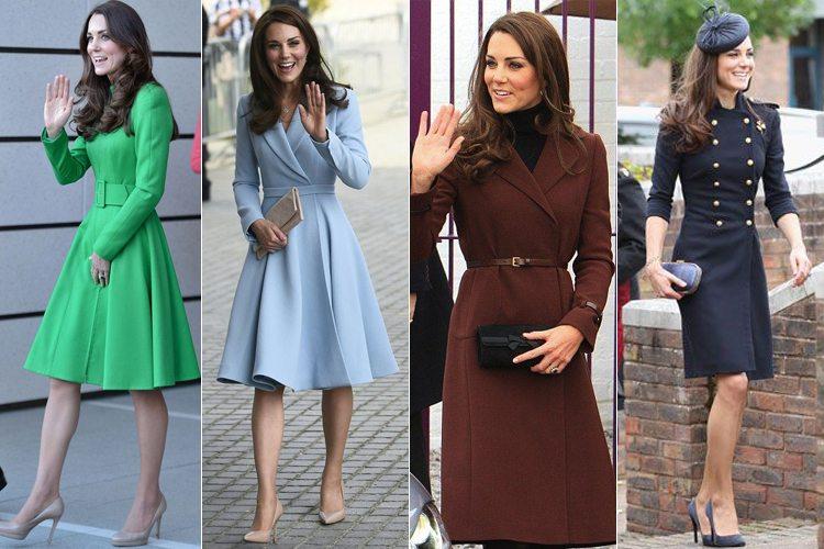 imagem com diversos looks de Kate Middleton usando dress-coat