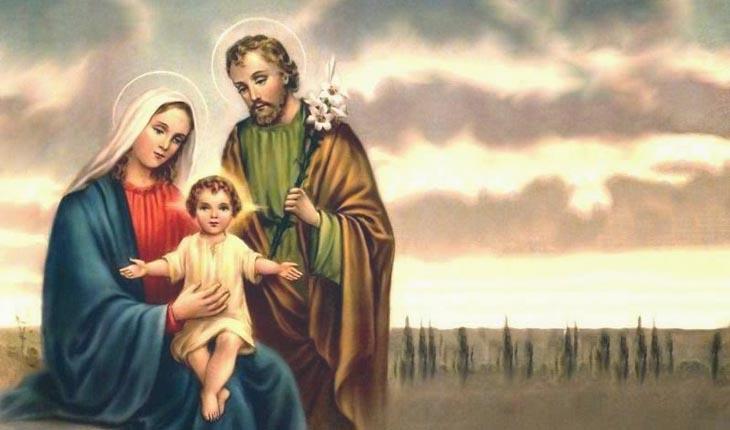 pintura ilustrando Maria, São José Operário e o menino Jesus