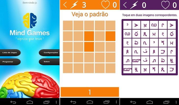 print de três telas de um smartphone android com imagens do aplicativo jogos mentais mind game