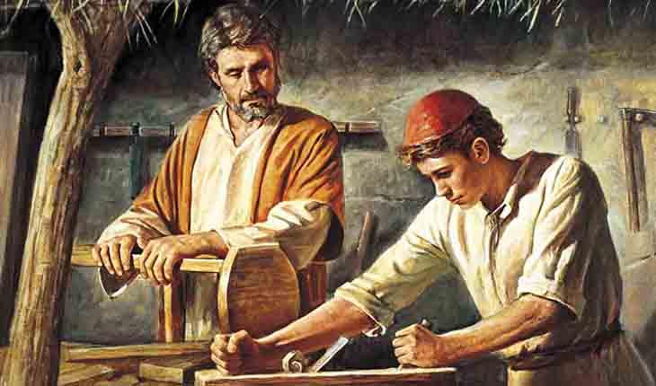 pintura ilustrando São José Operário e um menino trabalhando com madeiras