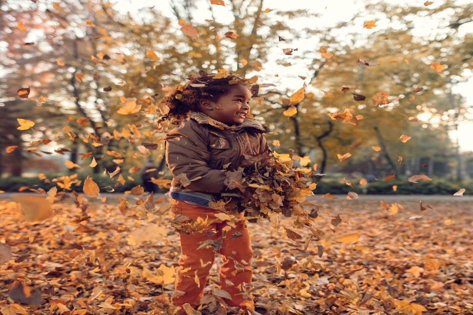Natureza, imagem de uma garota brincando com as folhas secas que caem das árvores durante o outono.